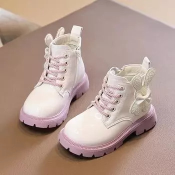 Kids Boots for Girl Glossy Leather PU Princess Platform Ankle Boots Fashion Versatile Children Catwalk Boots Sweet Cute Rabbit 26 бежевый