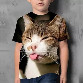 Kids Boys T shirt Tee Animal Cat Short Sleeve Crewneck Children Top Casual 3D Print Adorable Daily Summer Black 3-12 Years 100