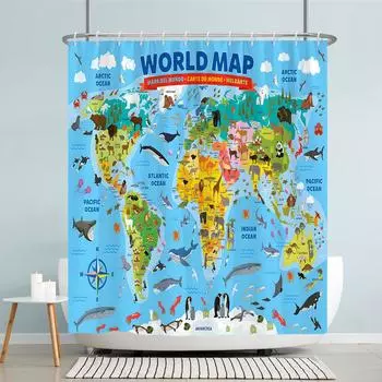 Kids Cartoon Animal Shower Curtain Funny Letters Blue Watercolour Fish Polyester Fabric Washable Shower Curtains Bathroom Decor 120x180cm-47x70in