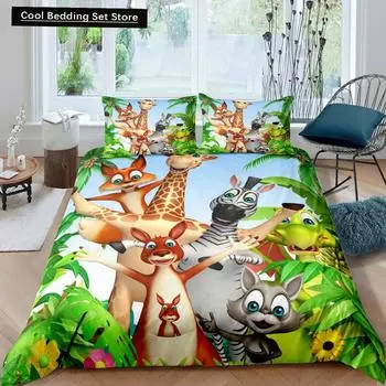 Kids Cartoon Animal Zebra Giraffe Fox Kangaroo King Queen Duvet Cover Boy Girl Rabbit Wildlife Bedding Set Polyester Quilt Cover EU single(135x200cm)