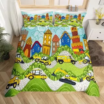 Kids Cartoon Car Duvet Cover Set City Building Street Road Bedding Set Microfiber Vehicle Truck Comforter Cover Twin Queen Size EU single(135x200cm)