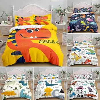 Kids Cartoon Dinosaur Bedding Set KingQueenFull Size,Cute Animal World Duvet Cover Orange Yellow Polyester Quilt Cover 70x133cm 2pcs