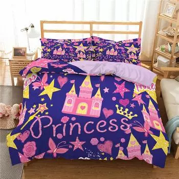 Kids Cartoon Duvet Cover Set Full/Queen Microfiber 3D Bedding Set Soft Pink Castle Princess Comforter Cover With 2 Pillow Shams EU single(135x200cm)