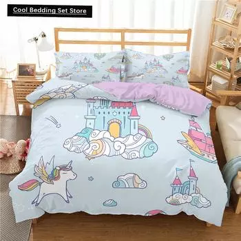 Kids Cartoon Duvet Cover Set Full/Queen Microfiber 3D Bedding Set Soft Pink Castle Princess Comforter Cover with Home Textile EU single(135x200cm)