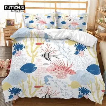 Kids Cartoon Ocean Fish Duvet Cover Microfiber Sea Underwater World Comforter Cover Full For Boys Girls Marine Theme Bedding Set 150x200cm 3pcs
