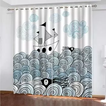 Kids Cartoon Ocean Sailboat 3D Curtains 2 Panel Boys Girls Room Bedroom Living Room Window Decor Curtains Fashion W70xH160cmx2&Grommet Top