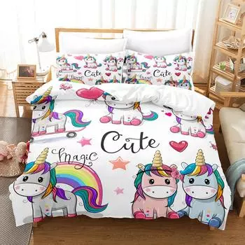 Kids Cartoon Unicorn Bedding Set Pink Polyester Bed Linen Gift For Kids Girls 2/3pcs Twin Single Queen King Size Duvet Cover Set EU single(135x200cm)