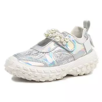 Kids Casual Shoes 2024 Spring Summer Air Mesh Breathable Girls Sneakers with Pearls Beading Bright Skin Shiny Children Shoes New 26 бежевый