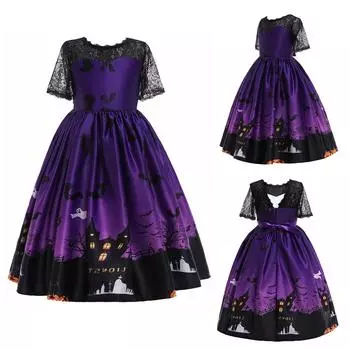 Kids Child Girls Cartoon Printing Pageant Gown Halloween Party Princess Dress 120 фиолетовый