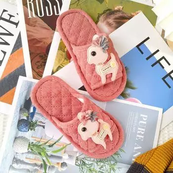 Kids Cotton and Linen Fabric Spring and Autumn Non-Slip Floor Slippers Cartoon Fawn red (cloth base) 22-23 inner length 20cm