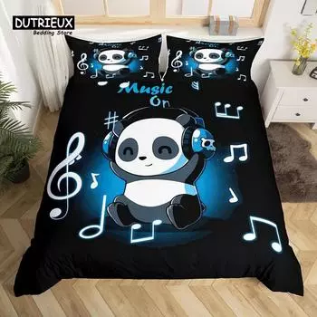 Kids Cute Panda Duvet Cover Cartoon Animals Cat Bedding Set Headset Musical Note Comforter Cover Twin For Boys Girls Room Decor EU single(135x200cm)