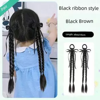 Kids False Braids Ponytail Cable Stitch Small Braid Cute Girl Ballet Style Bows Boxing Braid Double Ponytail Wig [Brown Black] Pair