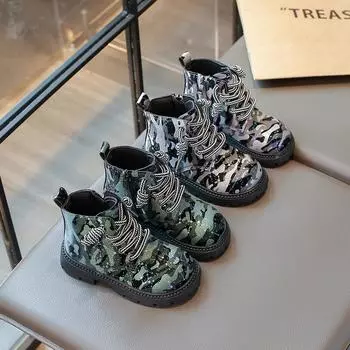 Детские модные ботинки для мальчиков и девочек, камуфляжные мотоциклетные ботинки, детские ботильоны с молнией, мода 2024 года, осень-зима, новинка 26 зелёный