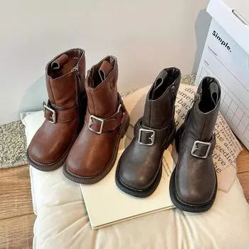 Kids Fashion Boots with Side Zipper Girls Princess Boots Non-Slip 2024 Autumn Brand New Children Leather Boots Thick Soft Sole 26 чёрный