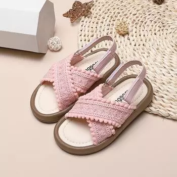 Kids Fashion Girl Sandals New Summer Ethnic Style Princess Pink Causal Beach Sandals Children s Open-toe Cross-tied Flat Sandals 21 розовый