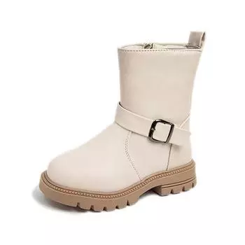 Kids Fashion Girls Boots 2024 Buckle Solid Color Simple Non-slip Children Casual Boots Drop Shipping Side Zipper Versatile Soft 27 бежевый