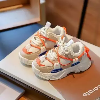 Kids Fashion Sneakers 2024 Autumn New Girls Sports Shoes Casual Lightweight Boys Running Shoes with Cross Straps Wear-resistant 26 бежевый