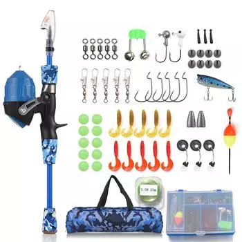 Kids Fishing Rod and Reel Combo Full Kit 1.2m/1.5m Telescopic Casting Rod Pole with Spincast Reel and Hooks Lures Swivels bag 1.2m розовый
