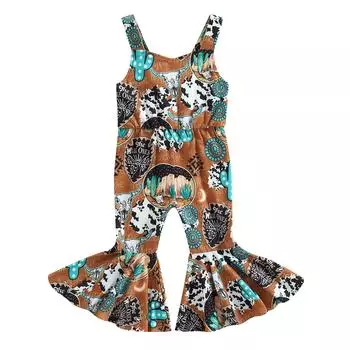 Kids Girl Suspender Jumpsuit Bullhead Cactus Print Summer Sleeveless Flared Rompers Pants for Toddler Baby