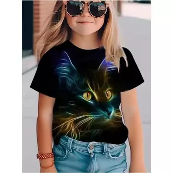 Kids Girls Clothes Cute Cat 3D Print Summer Short Sleeves Graphic Outdoor Children Cute Style 110