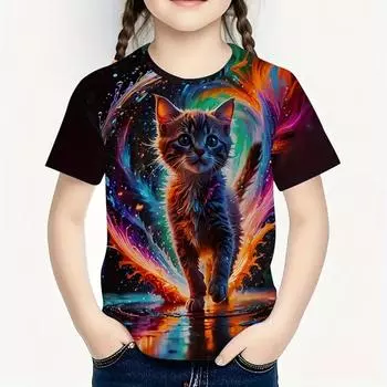 Kids Girls Clothes Print Cute Cat Graphic Summer Fashions Casual Crew Neck Short Sleeves Streetwear 110
