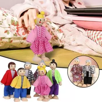 Kids Girls Happy Dolls Family Playset Wooden Figures Set of 6 People Doll
