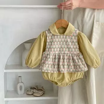 Kids girls printed jumpsuit infant autumn casual girls cotton floral vest clothing baby romper sets bafanou 23214 66cm(3-6M)