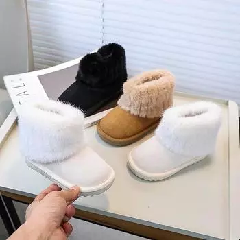Kids Girls Snow Boot 2024 New Winter Children s Boots Warm Fluffy Soft Princess Fashion Ankle Cotton Boots Solid Color Versatile 22 чёрный