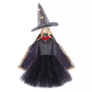 Kids Girls Vampire Witch Mesh Tutu Dress Hat Cloak Set Children Halloween Cosplay Costumes Child Pretend Princess Party Role Play Outfit S/90cm чёрный