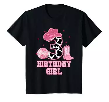 Kids Happy 3rd Birthday Girls Costume Rodeo Western Cowgirl Cowboy T-Shirt чёрный