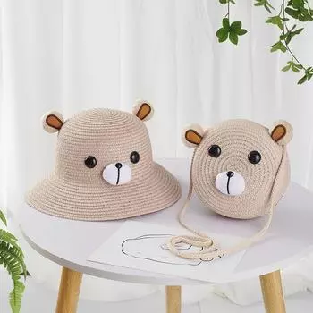 Kids Hat Bag Suit Boys and Girls 2025 New Arrival Cute Bear Straw Hat Sun Protection Sunshade Fisherman Sun Hat Beaves Bear-Pink Single round package 15*7cm