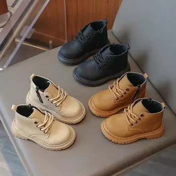 Kids Leather Boots British Style 2024 Autumn Fashion Versatile Ankle Boots for Boys Girls Short Boots Soft Solid Color Retro 21 бежевый