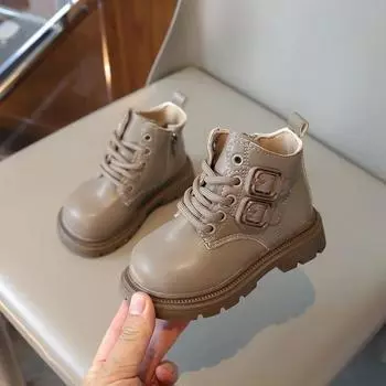 Детские кожаные ботинки, однотонные, универсальные, для мальчиков и девочек, ботильоны в британском стиле 2024 года, новые детские короткие ботинки с нескользящей мягкой подошвой 21 чёрный