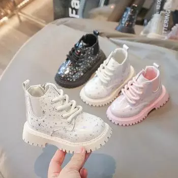 Kids Leather Boots with Shiny Star Sequin Girls Fashion Princess Ankle Boots 2024 Autumn New Versatile Short Boots with Side Zip 21 белый