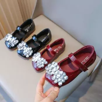 Детская кожаная обувь, роскошные туфли принцессы со стразами для девочек, модные весенне-осенние детские туфли на плоской подошве для свадьбы, балета, представления 26 вино красного