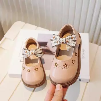 Kids Leather Shoe Spring Autumn Versatile Girls Flat Shoes with Embroidery Bowtie Non-slip Children Princess Shoes Causal Soft 21 розовый