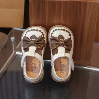 Детские кожаные туфли с милым бантом для девочек на плоской подошве, модные весенне-осенние детские туфли принцессы с Т-образным ремешком, туфли Мэри Джейн в стиле кэжуал с вырезами 21 чёрный