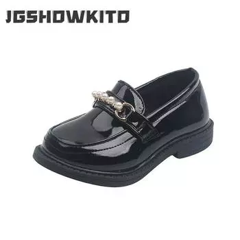 Kids Leather Shoes for Girls Black Party Shoes Pearls Beading Fashion Classic Children Flats Loafers Slip-on Metal Chains Buckle 21 бежевый