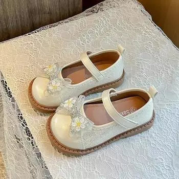 Kids Leather Shoes Soft Sole Girls Princess Flat Shoes with Mesh Bow 2024 New Fashion Children Dance Shoes Round Toe Temperament 26 бежевый