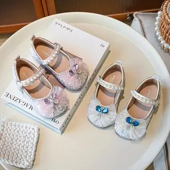 Kids Party Shoes Sweet Luxury Girls Princess Leather Shoes Spring Autumn Fashion Children Causal Flat Shoes Soft Soled Versatile 23 розовый