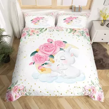 Kids Pink Rose Rabbit King Queen Duvet Cover Cartoon Animal Comforter Cover Rose Moon Floral Bedding Set Polyester Quilt Cover 70x133cm 2pcs