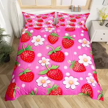 Kids Pink Strawberry Duvet Cover King Queen Mushroom Bedding Set For Girls,Kawaii Fruit Comforter Cover Watercolor Quilt Cover EU single(135x200cm)