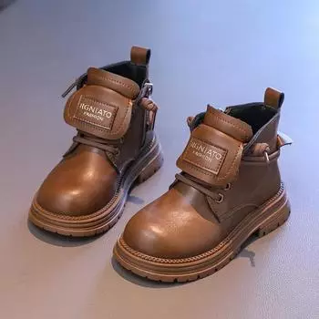 Kids Platform Ankle Boots 2024 Solid Color Patchwork Girls Boots Round-toe Non-slip Children Causal Leather Boots Side Zipper 26 хаки