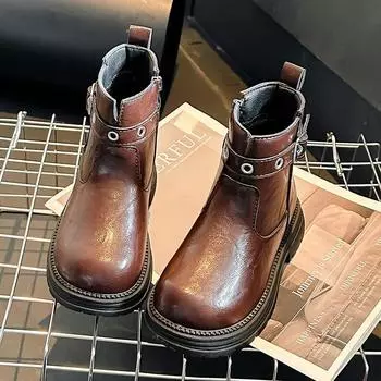 Kids Platform Ankle Boots Simple British Style Girls Causal Boots Thick Bottom Round-toe Children Fashion Boots Matte Leather PU 26 чёрный