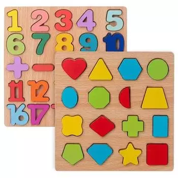 Kids Puzzle Number Letters Building Blocks 3-6 Years Old 2 Early Childhood Education Toys Shape Recognition Grab Board Wooden Puzzle Number + Shape