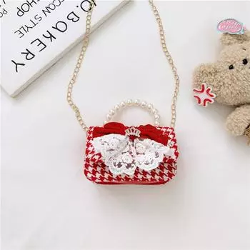 Kids Red Chain Crossbody Bag With Flower And Artificial Pearl Design Handle Crown Checkered
