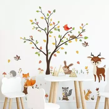 Kids Room Wall Stickers Cartoon Animals Tree Stickers DIY Wallpaper for Home Decor Fox Deer Wall Decals Baby Bedroom
