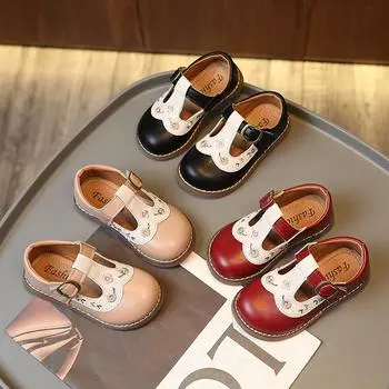 Kids Round Toe Embroidery Sweet Little Girl Patchwork Lolita Hook & Loop Children Fashion 2024 Round-toe Flat Japanese Style PU 21 чёрный