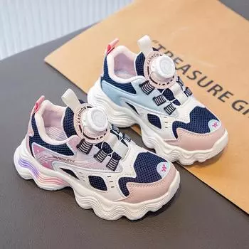 Kids Running Shoes Air Mesh Breathable 2024 Brand New Student Sports Shoes with Rotating Buttons Boys Girls Sneakers Fashion 26 чёрный