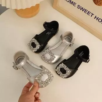 Детские сандалии, летние, элегантные, принцесса, туфли для девочек, модные, со стразами, детские, повседневные, свадебные, вечерние, плоские сандалии с липучкой 23 чёрный